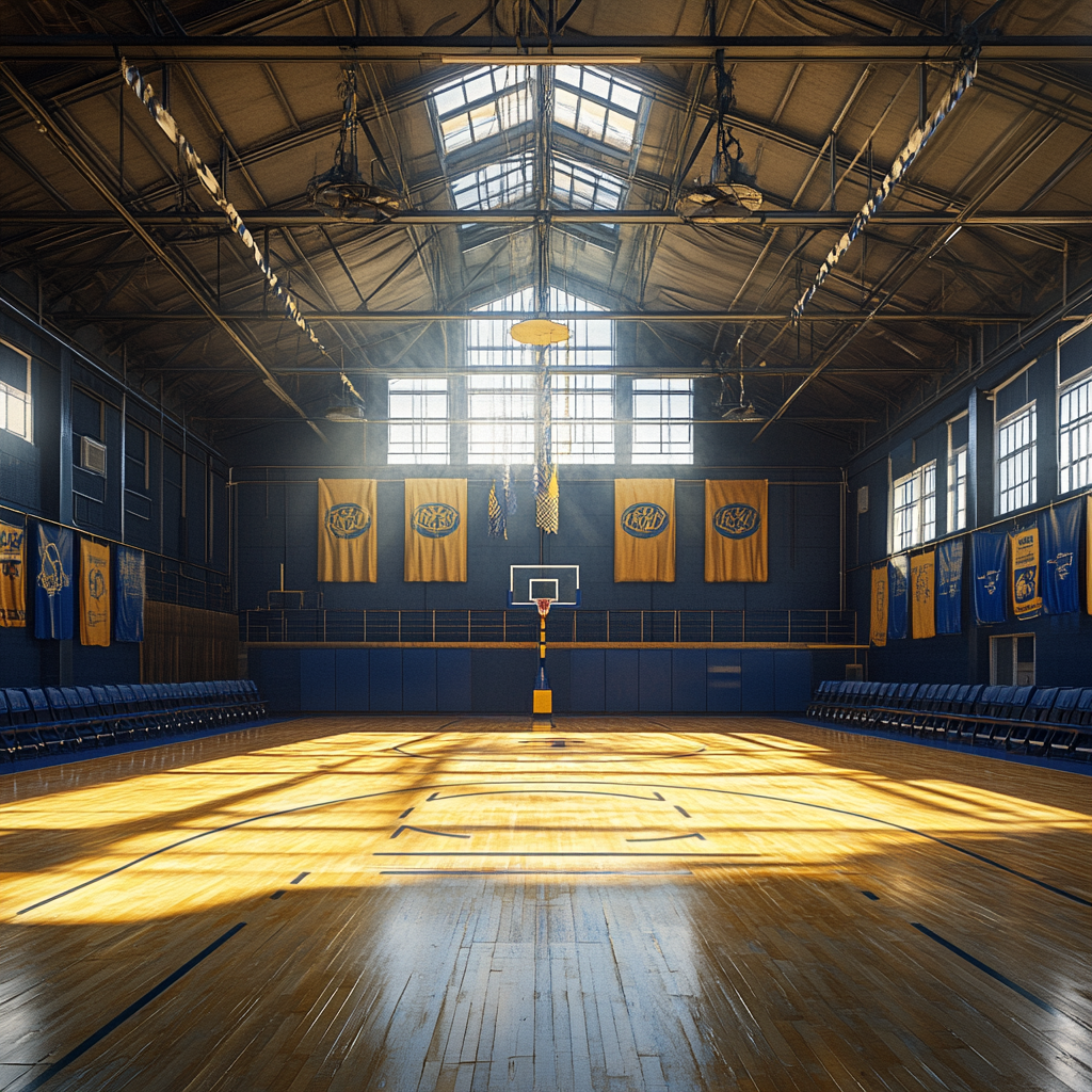 A Stunning Gymnasium with Basketball Hoops and Banners