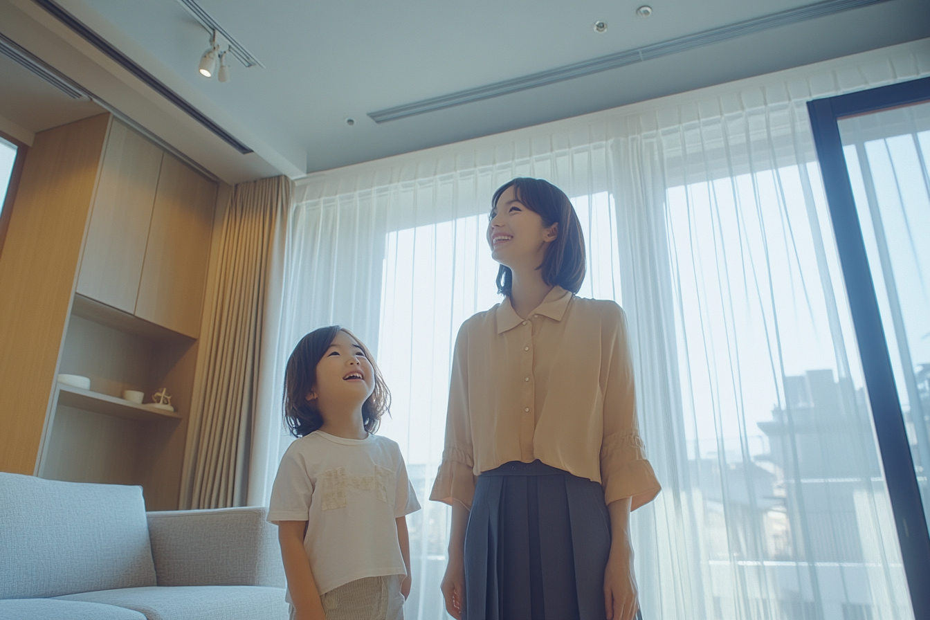 A Stylish Japanese Mother and Daughter in Elegant Living Room