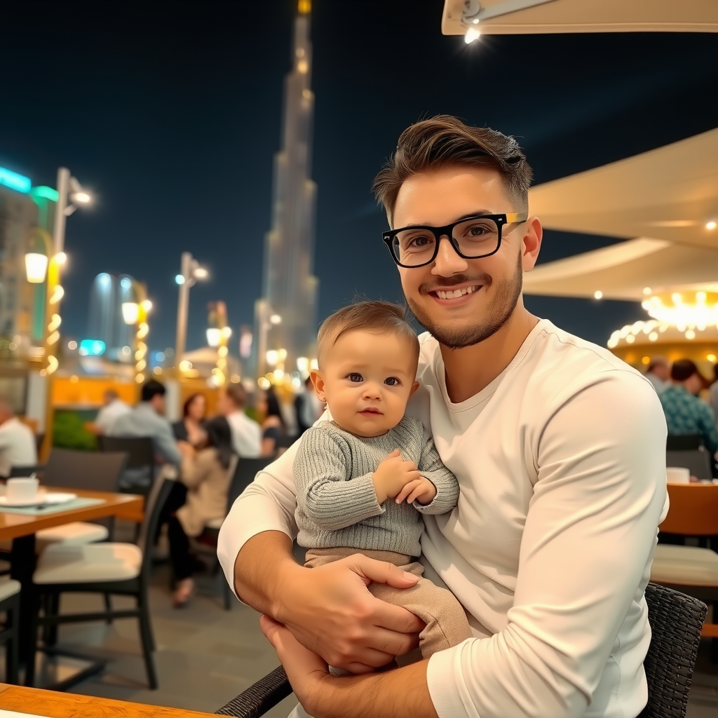 A Stylish Man Holding Baby Near Burj Khalifa