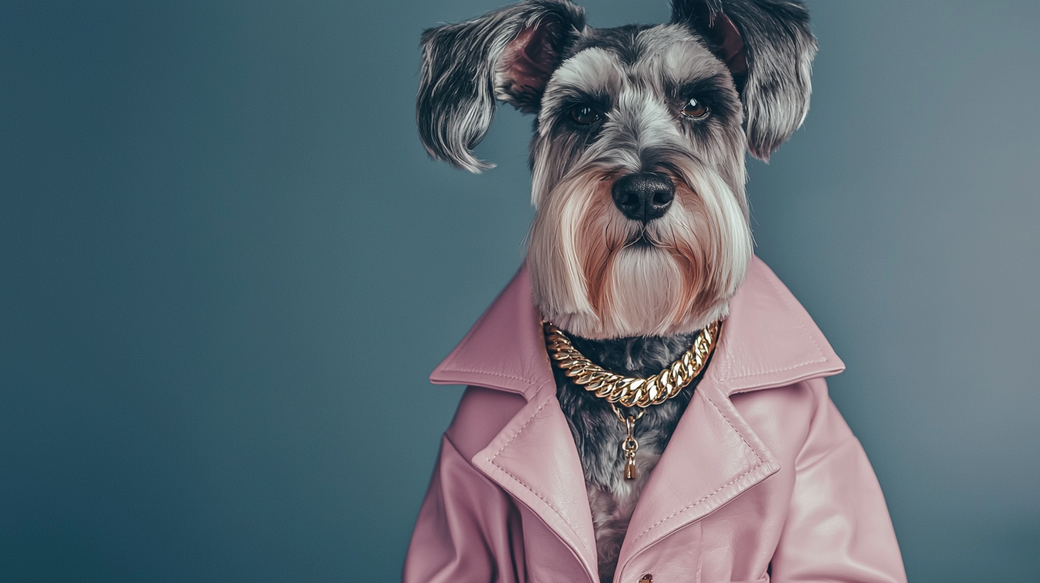 A Stylish Schnauzer in Pink Coat and Gold Necklace