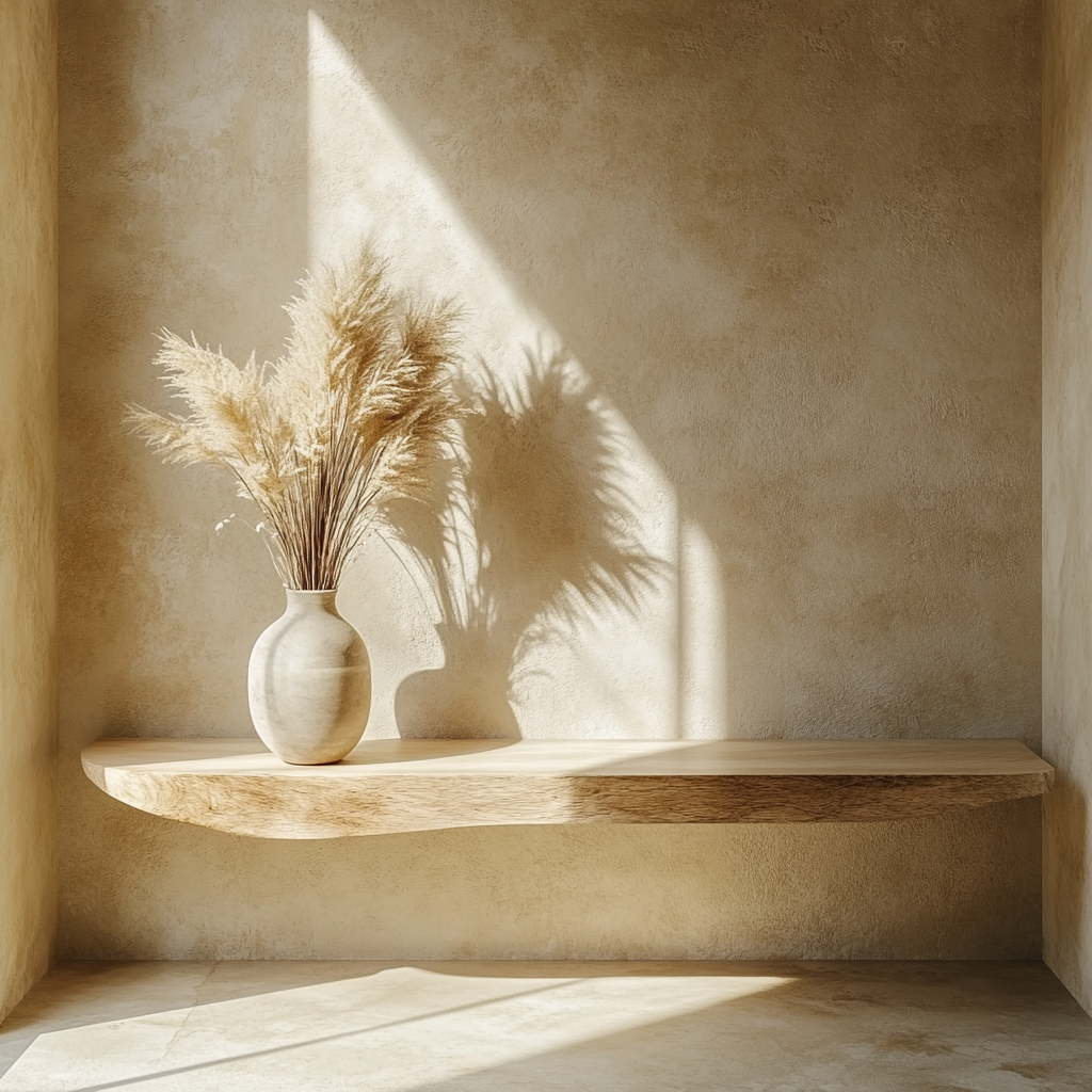 A Sunlit Entryway with Wooden Shelf and Vase