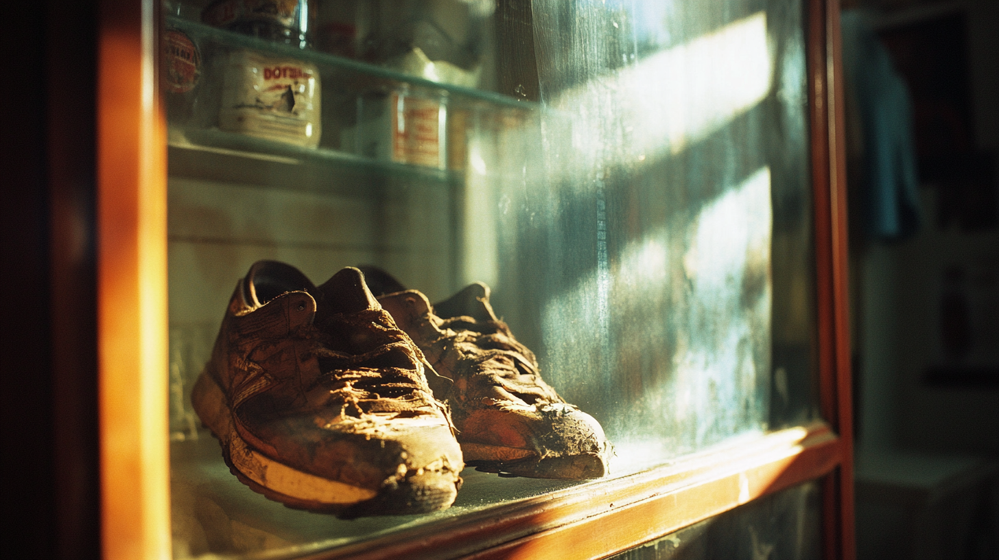 A Sunlit Old Shoe in Glass Display