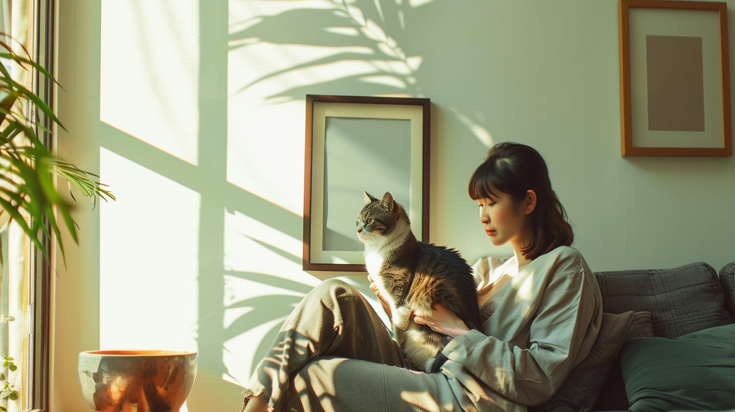 A Sunny Countryside Scene with Woman and Cat