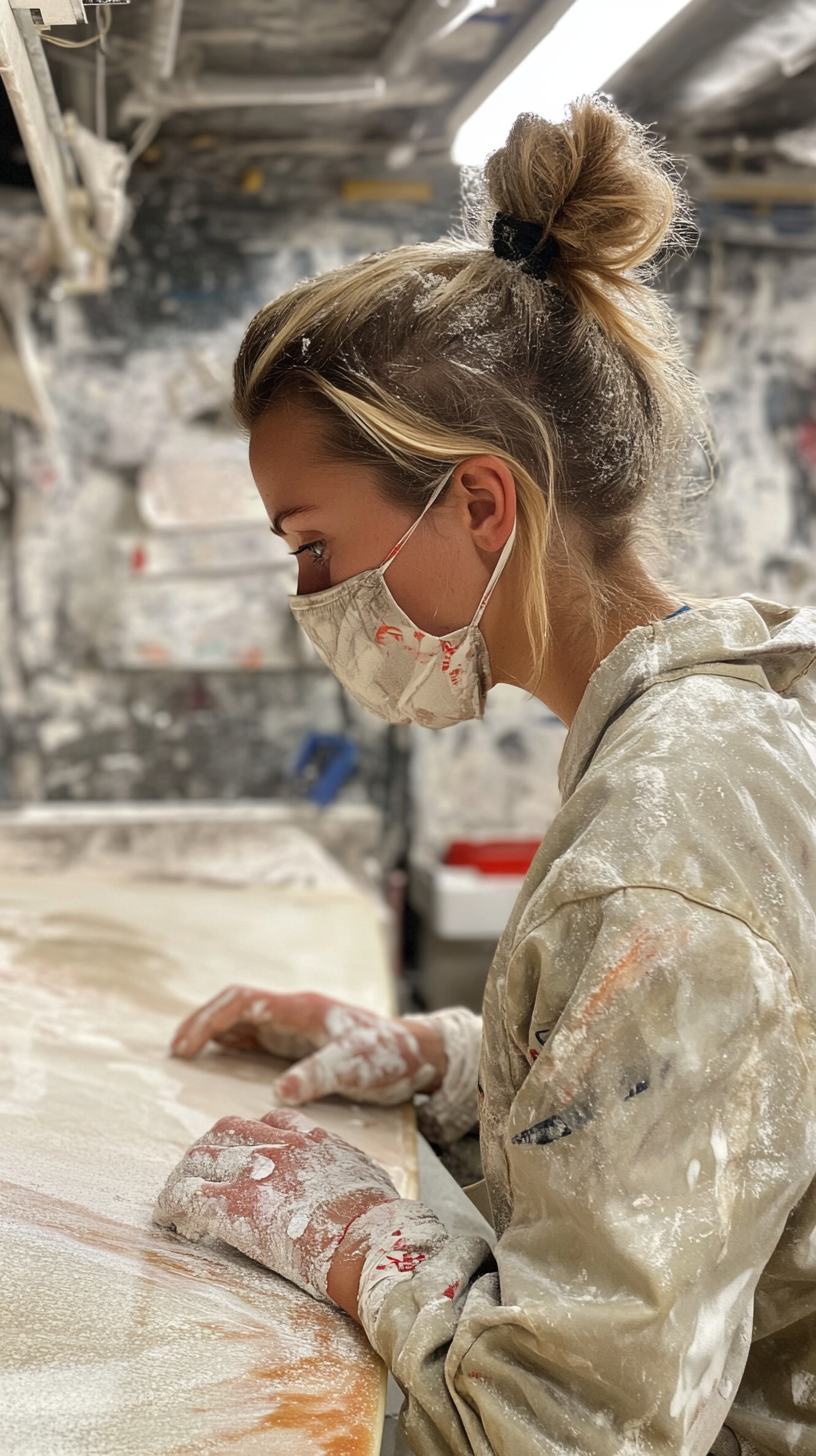 A Surfboard Shaper Sanding Custom Board in Workshop