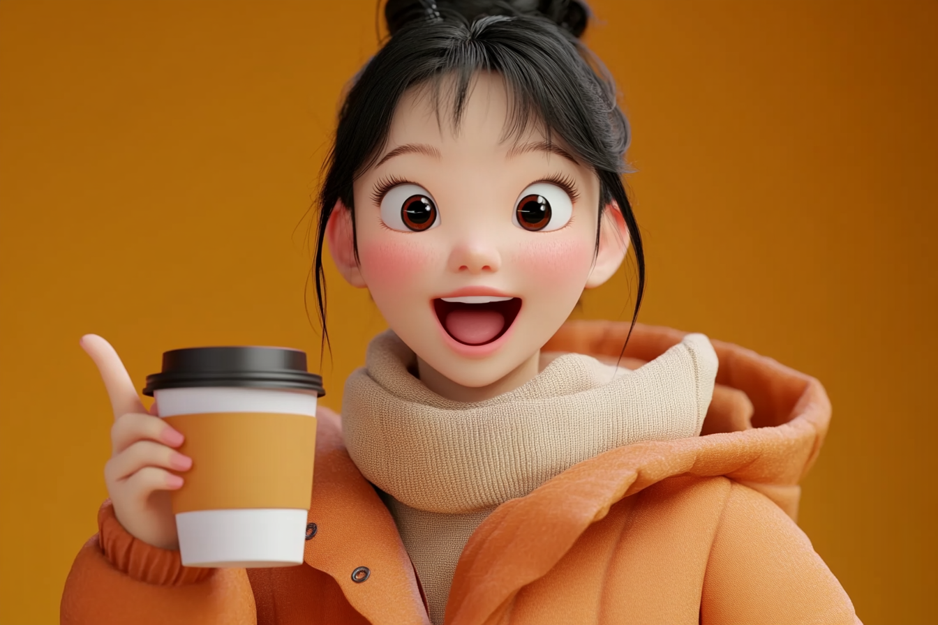 A Surprised Korean Woman Holding Coffee Cup Joyfully