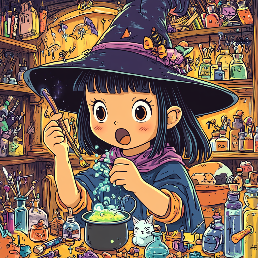 A Surprised Witch Mixing Potions in a Magical House