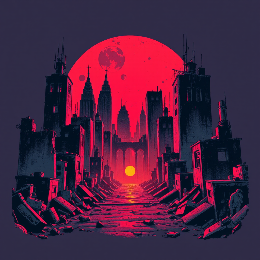 A Surreal City Ruins Illustration on T-Shirt