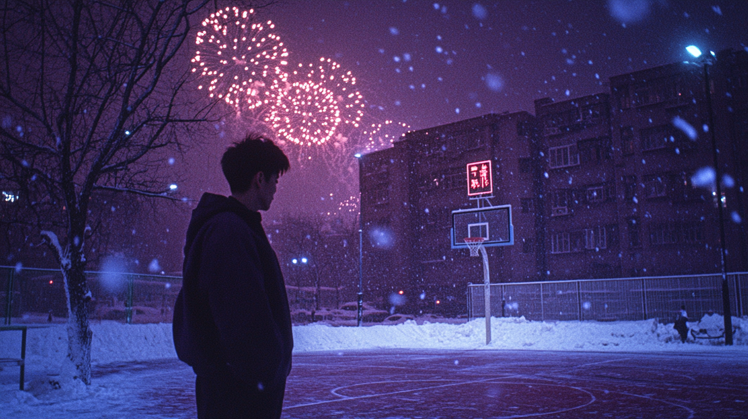 A Sweaty Basketball Player Amidst Chinese Snowy Fireworks