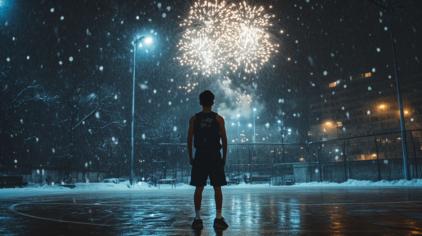 A Sweaty Basketball Player Amidst Fireworks and Snow