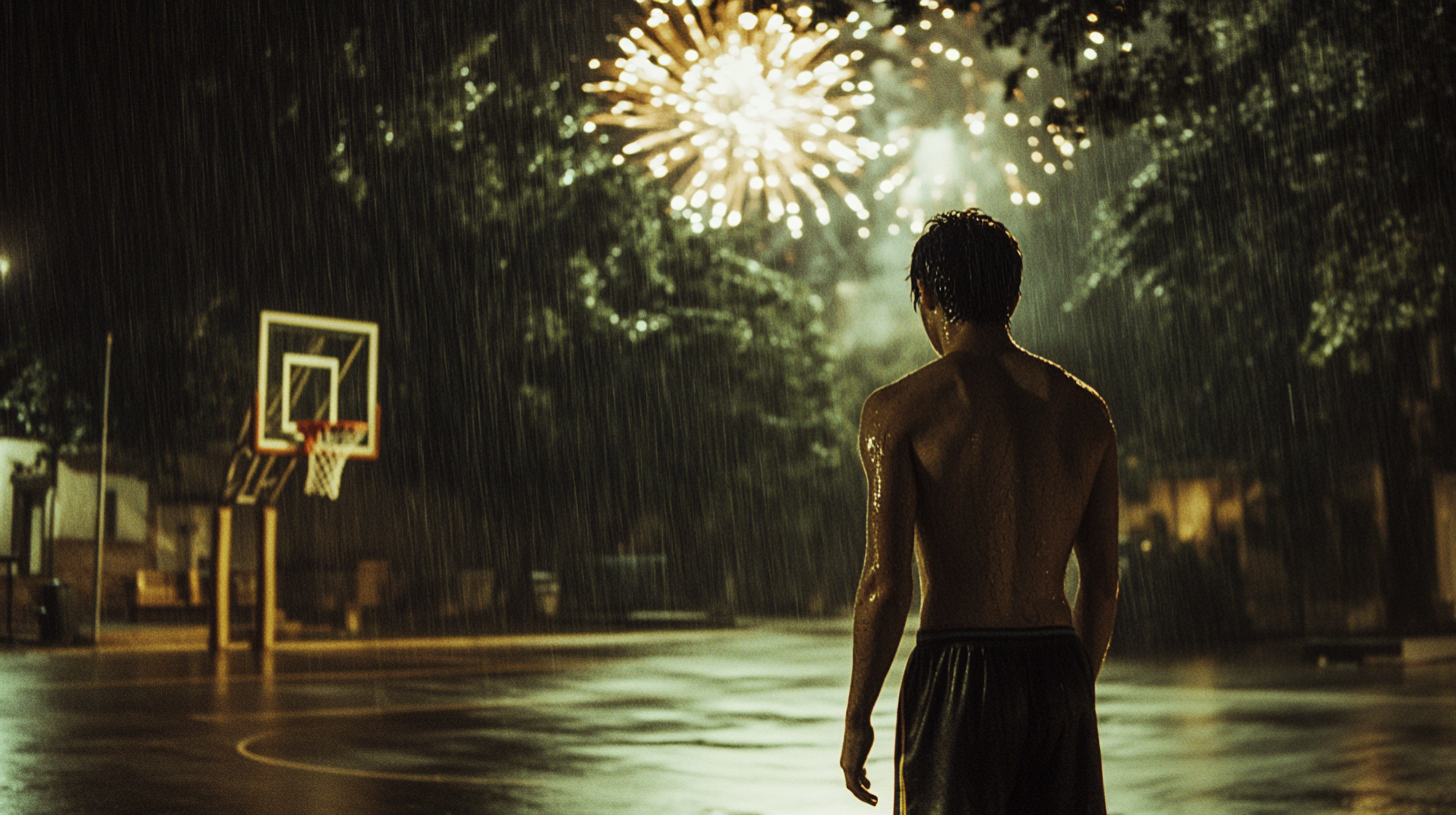 A Sweaty Basketball Player Amidst Fireworks at Night