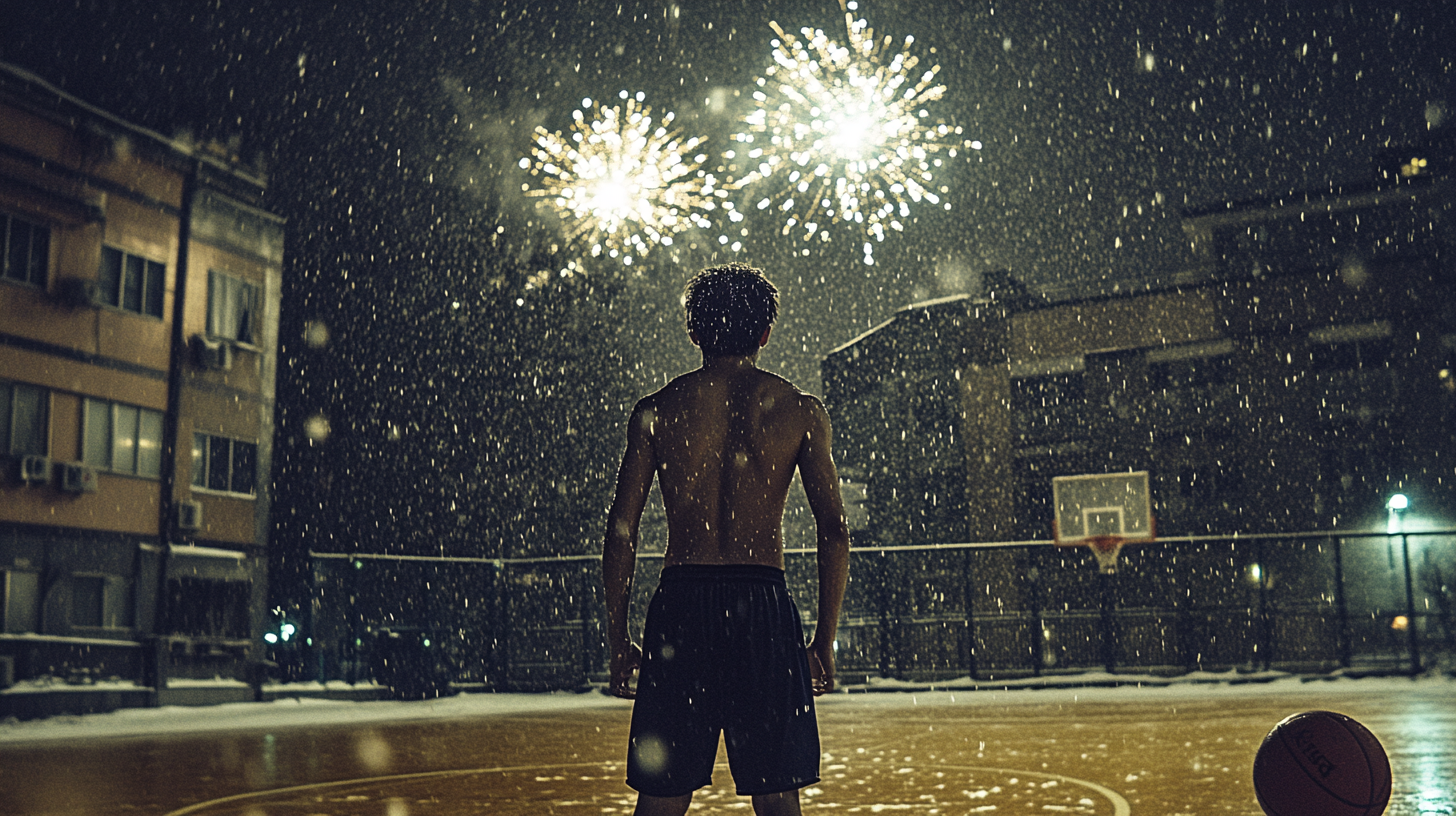 A Sweaty Basketball Player Amidst Snowy Chinese Celebrations