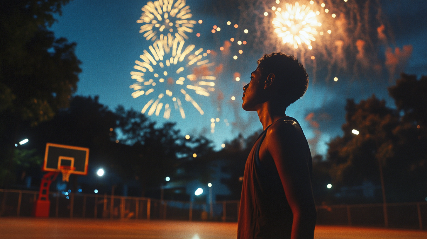 A Sweaty Basketball Player with Fireworks in China