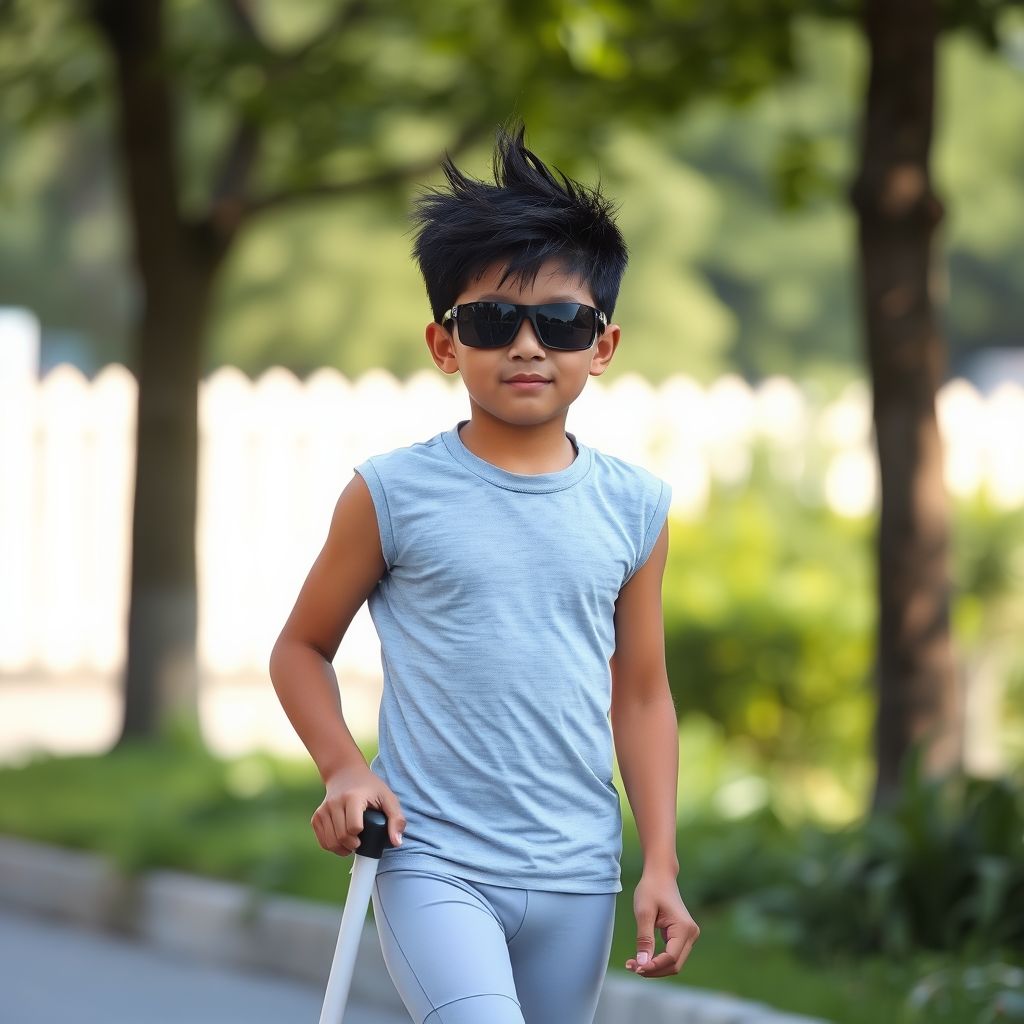 A Sweaty Blind Boy Walking with White Cane