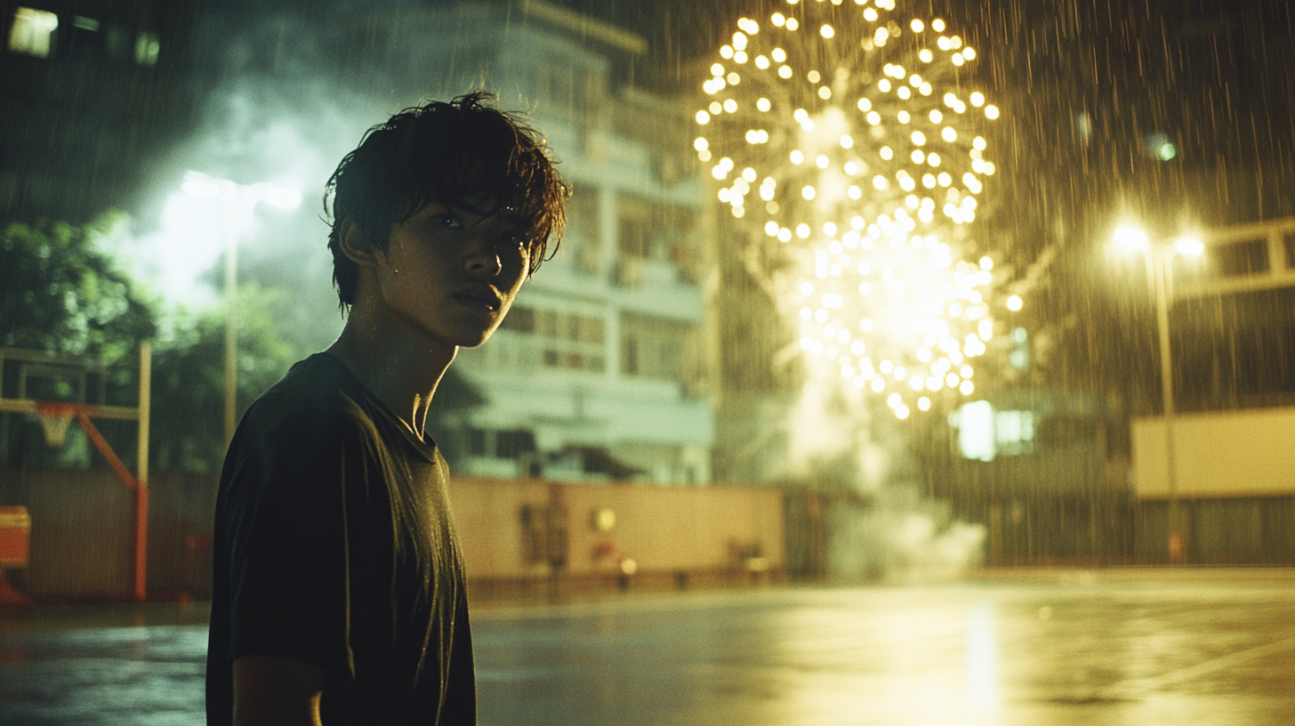 A Sweaty Young Man Playing Basketball Amidst Fireworks