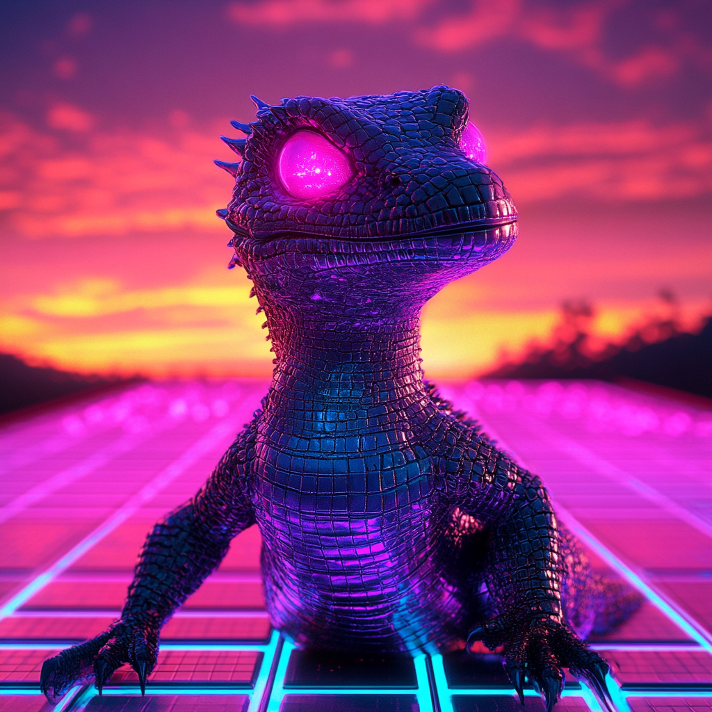 A Synthwave gecko dragon in retro-futuristic style