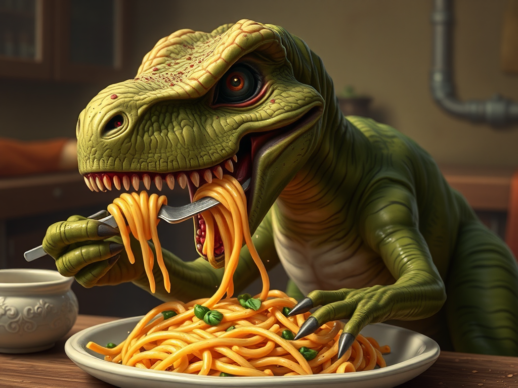 A T-rex enjoying a plate of pasta.