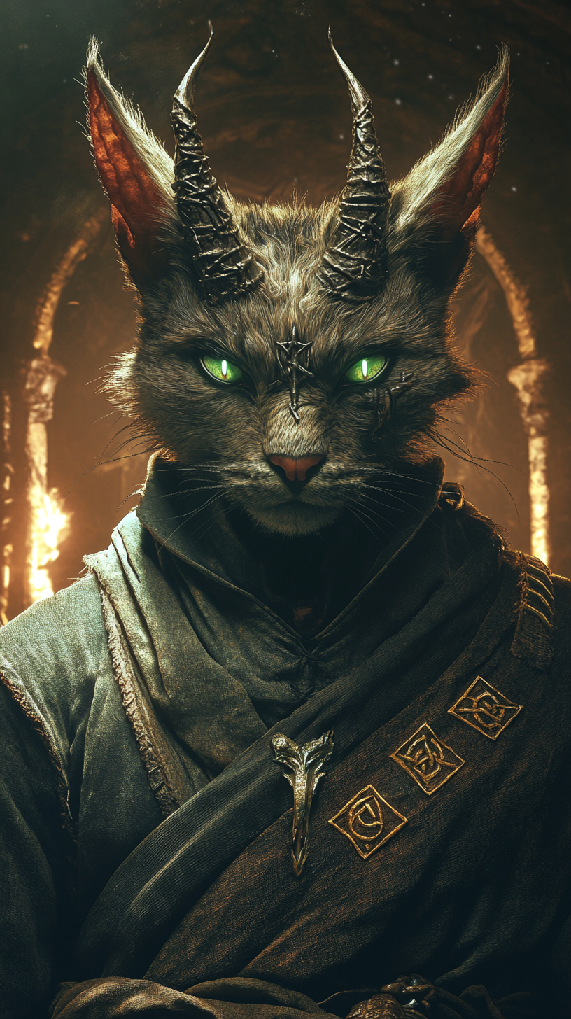 A Tabaxi with glowing eyes, horns, tattered robe