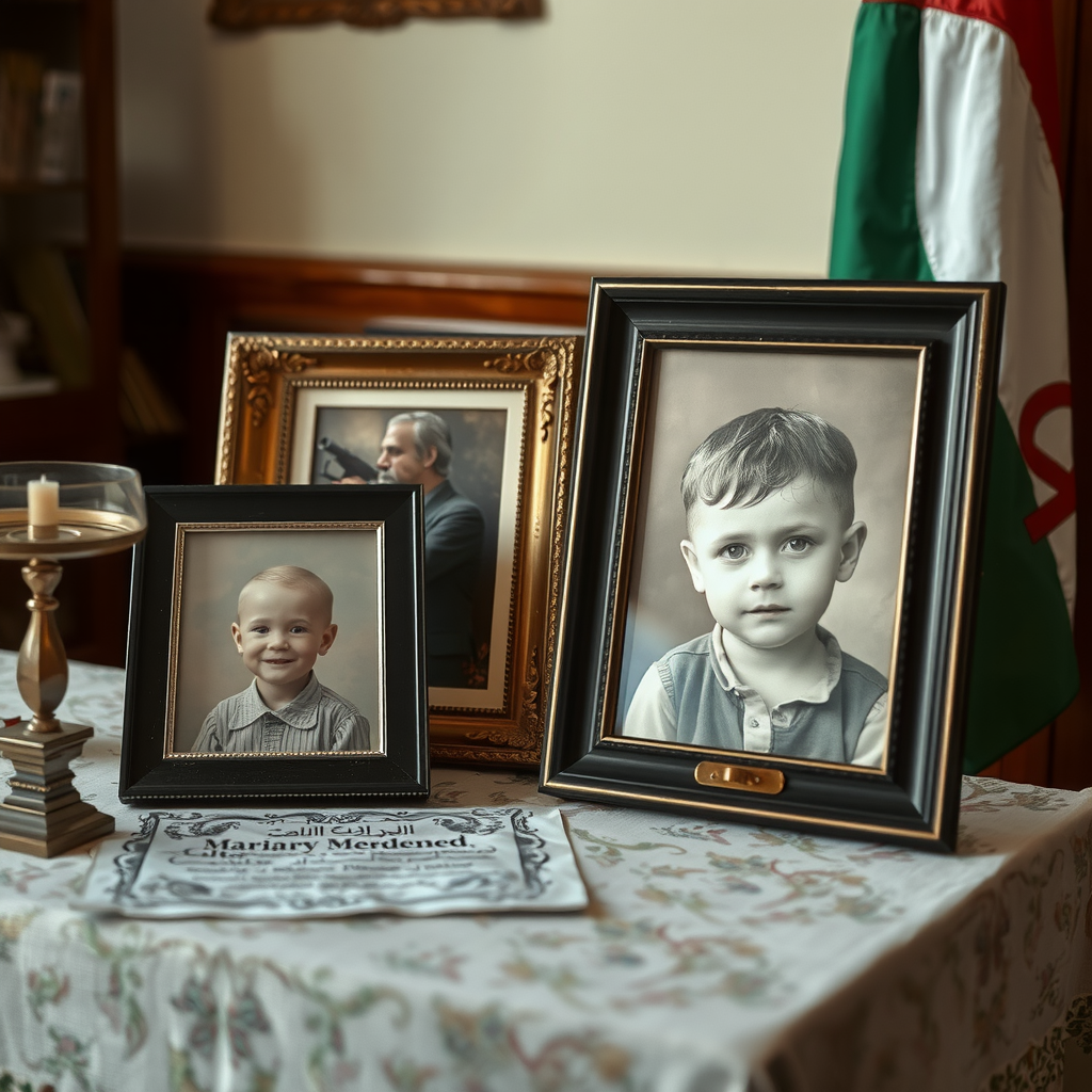 A Table, Picture, and Palestinian Flag Ages