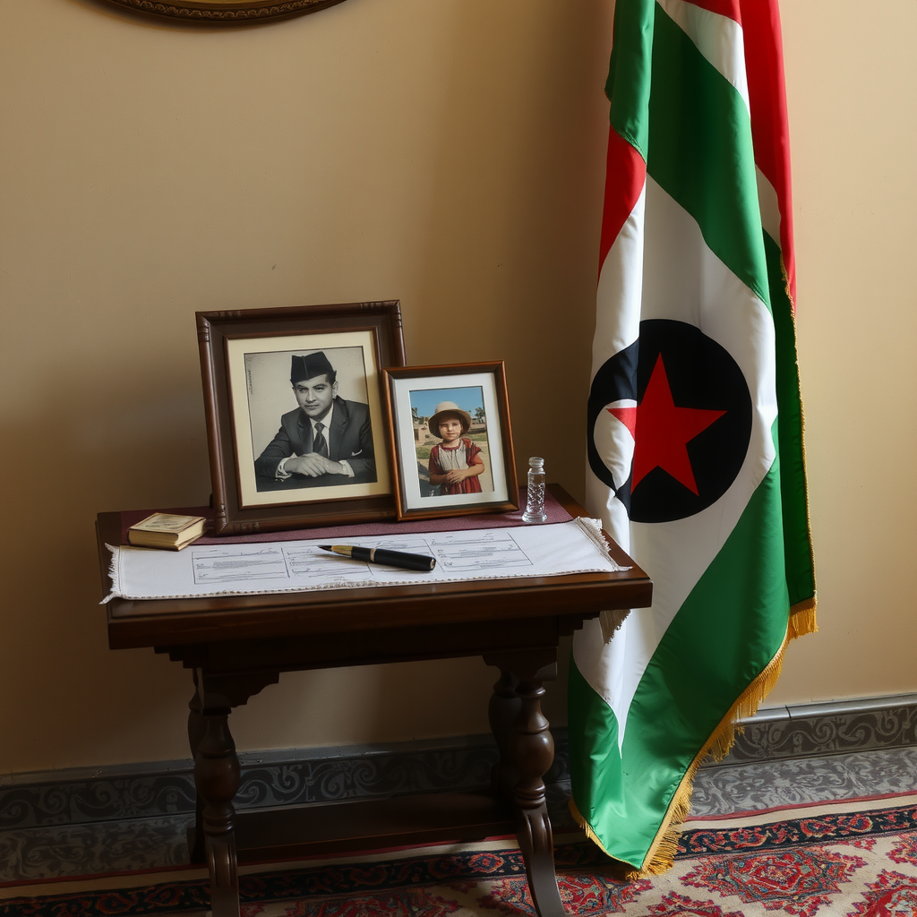 A Table, Picture, and Palestinian Flag talk about history