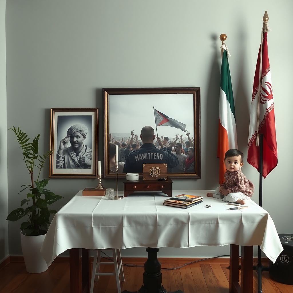 A Table with Picture of Martyrdom and Flags