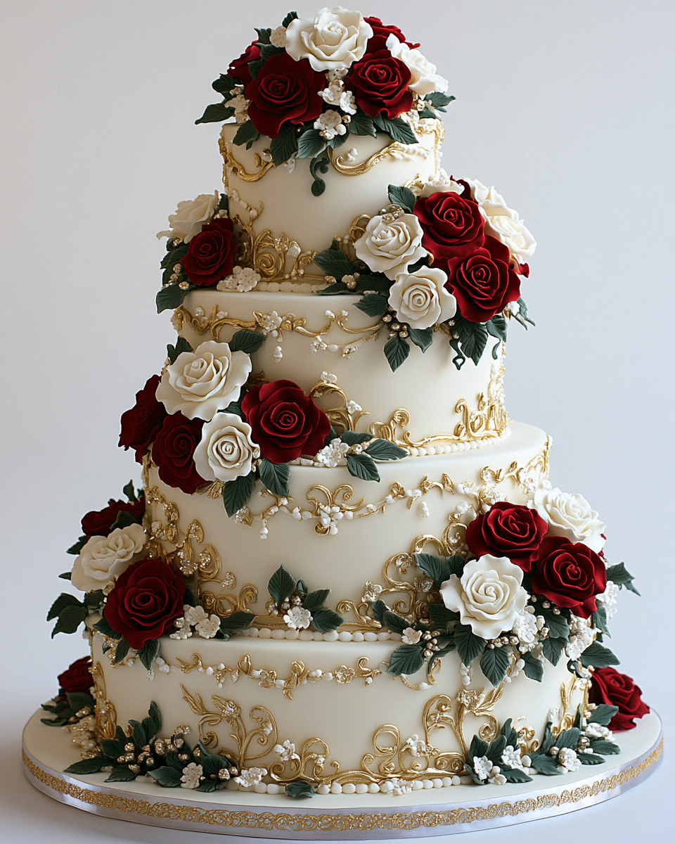 A Tall, Multitiered Wedding Cake with Elegant Design