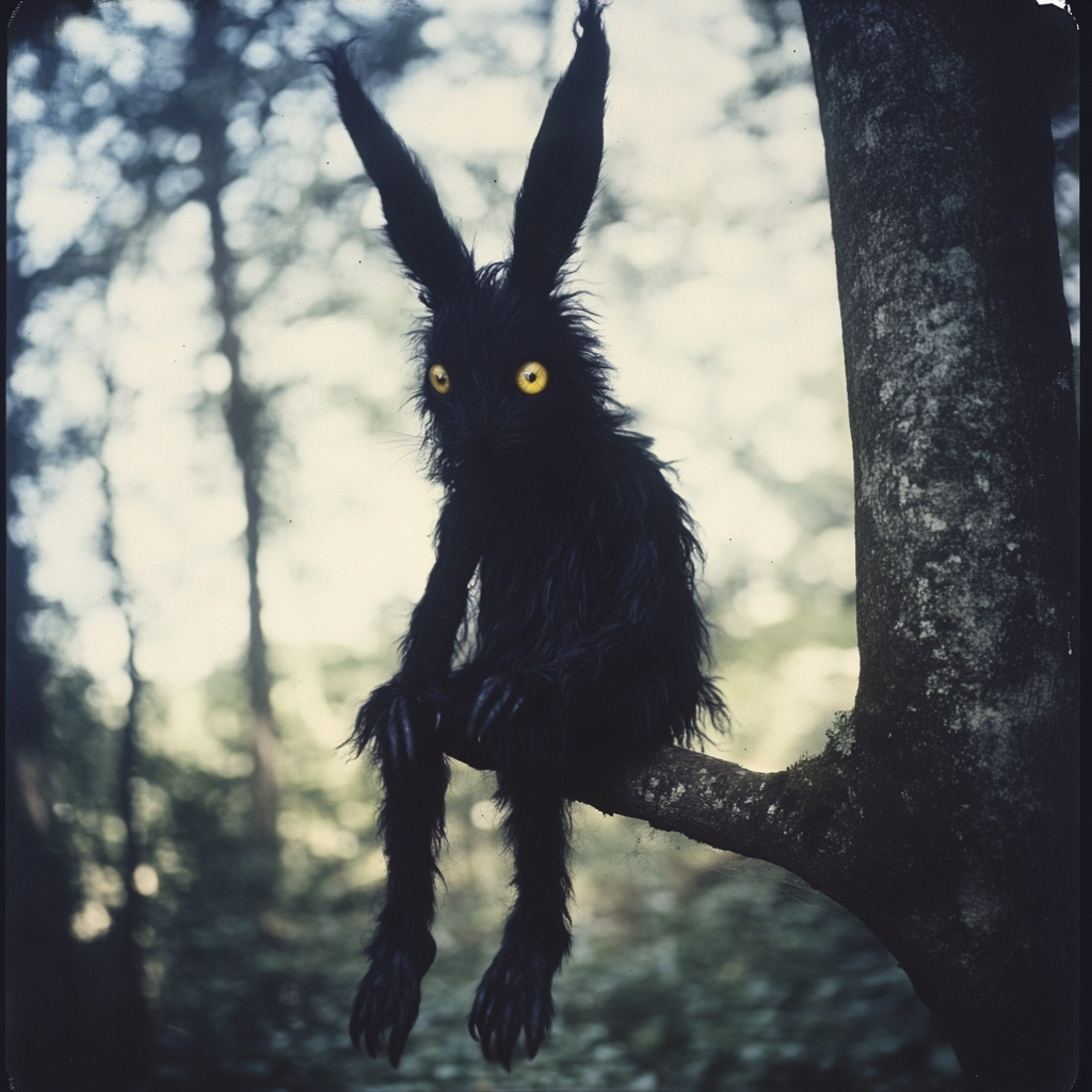 A Tall Black Rabbit Sitting in Tree