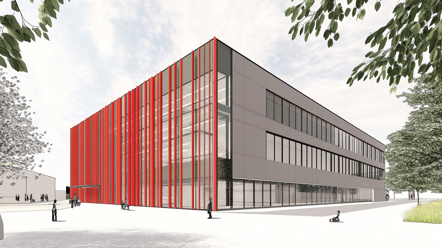 A Tall Factory Building with Gray and Red Panels