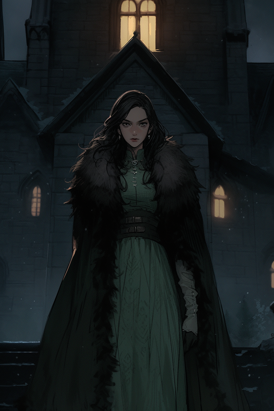 A Tall Lady in Green Dress at Winter Castle