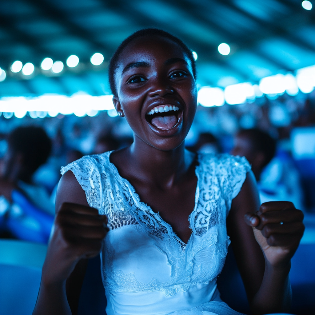 A Tanzanian girl celebrates victory in football stadium