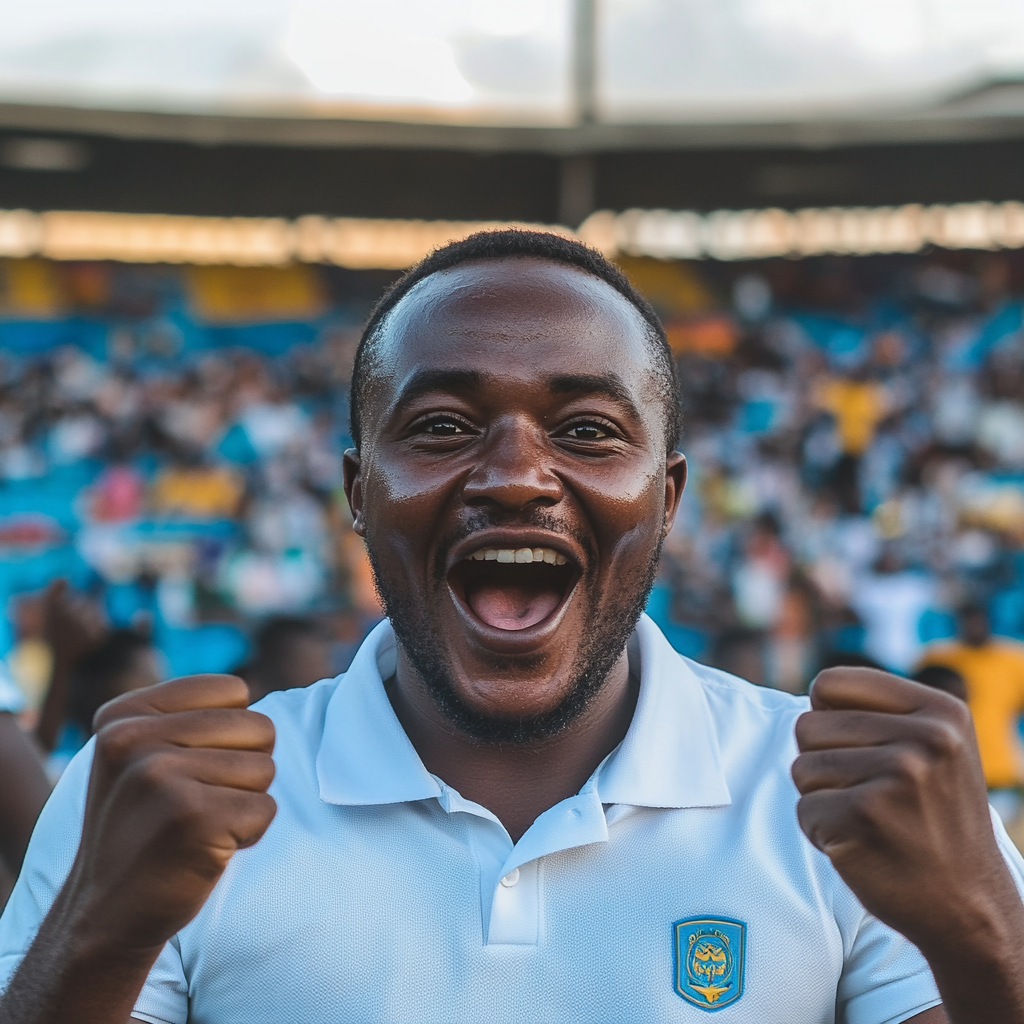 A Tanzanian man celebrates victory at vibrant stadium