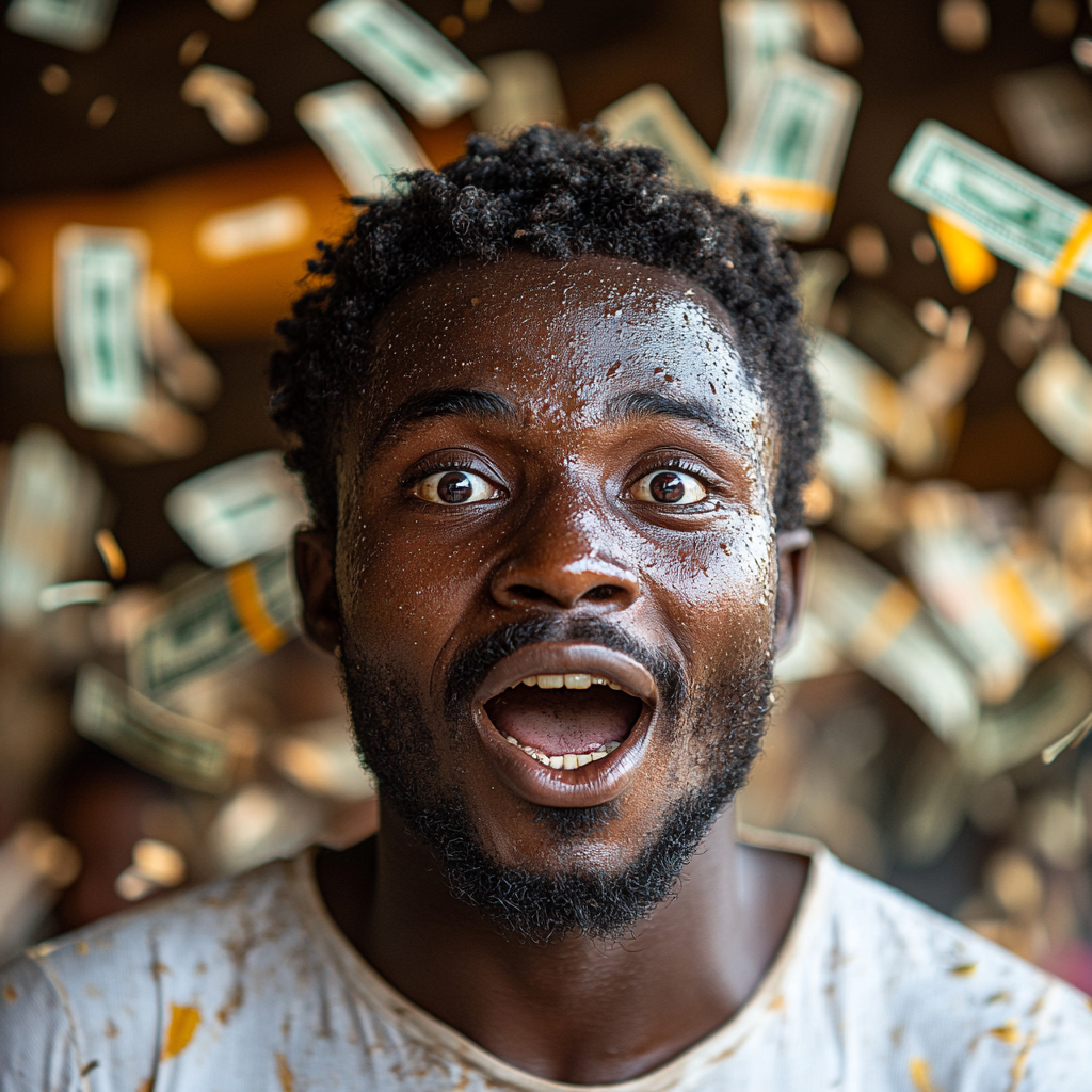 A Tanzanian man celebrates victory with money rain