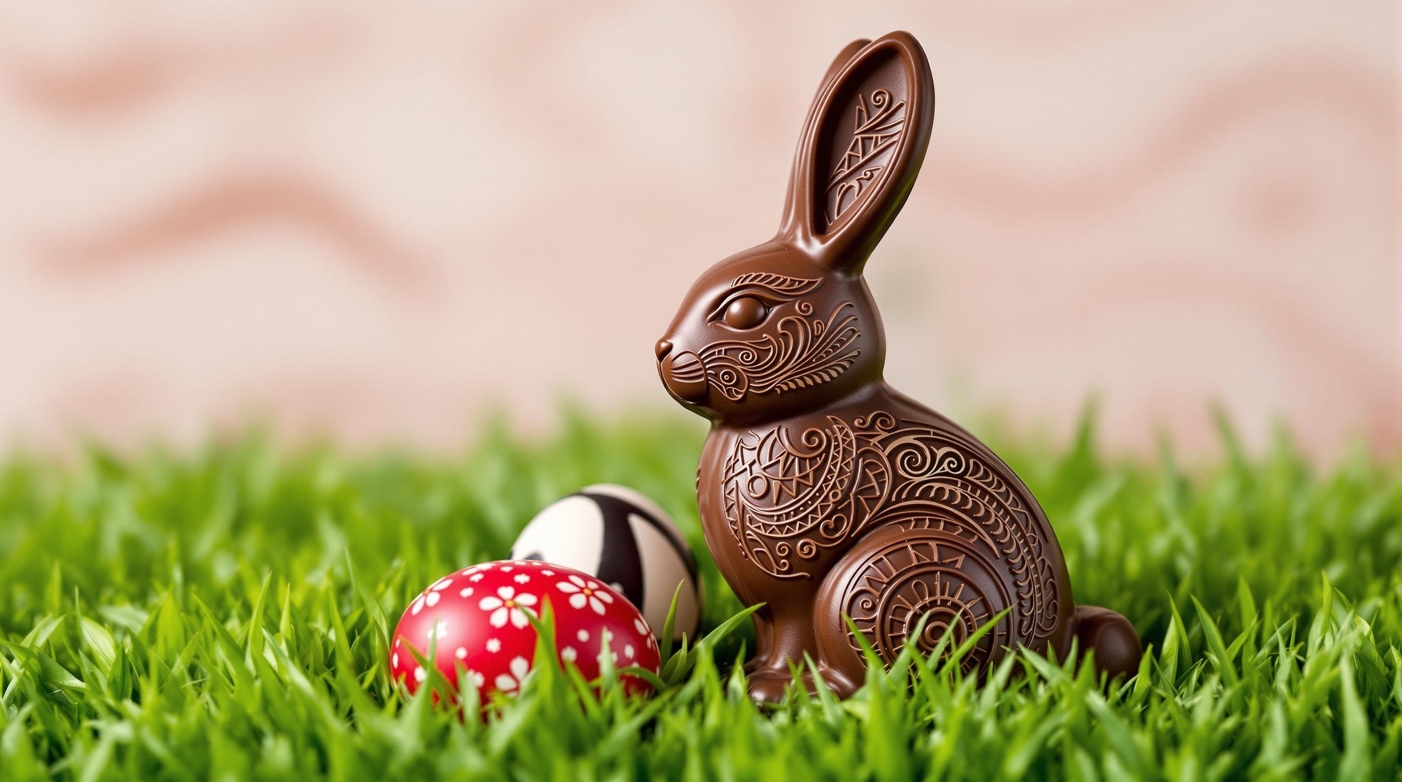 A Tattooed Chocolate Bunny with Colored Eggs on Grass