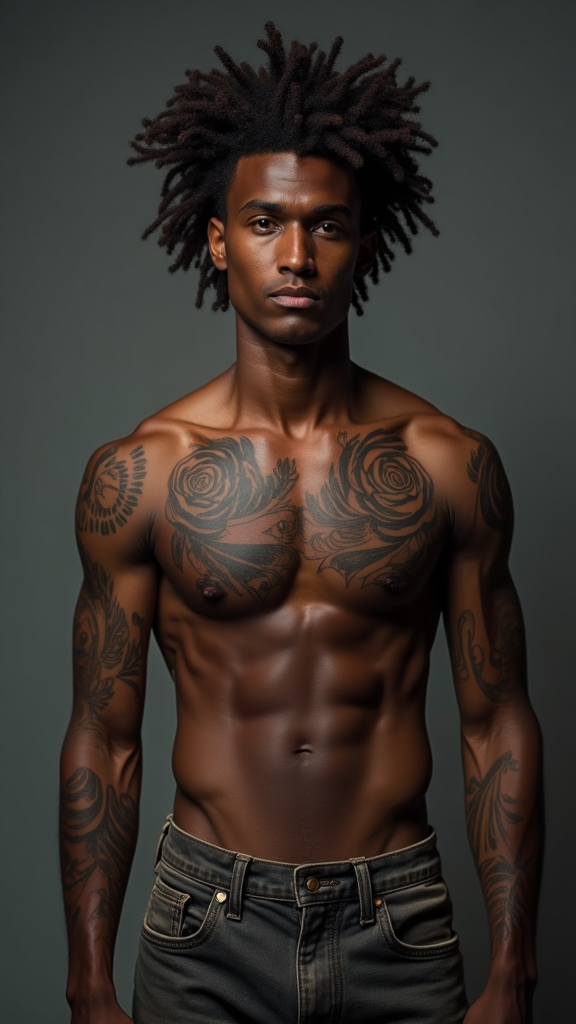 A Tattooed Man with Curly Hair and Dark Skin