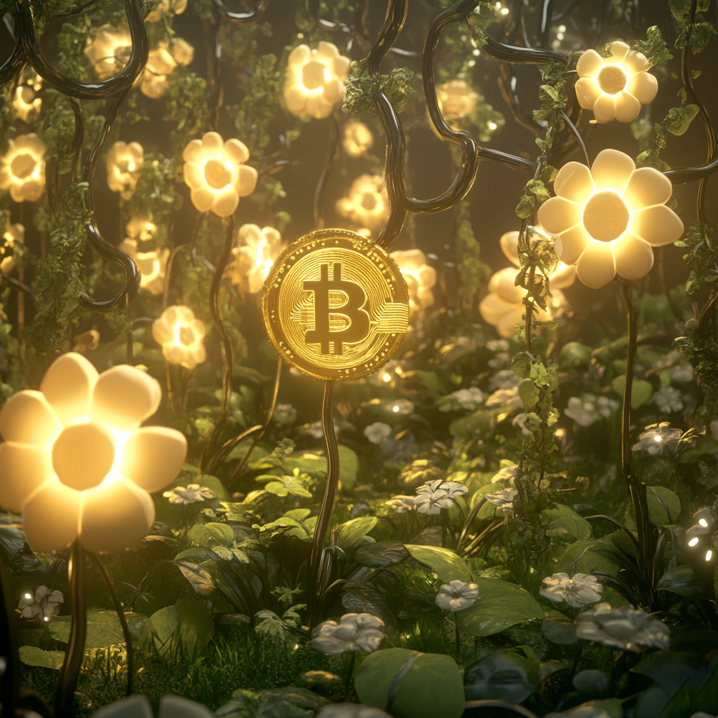 A Tech Garden with Bitcoin Flowers Connecting Chains