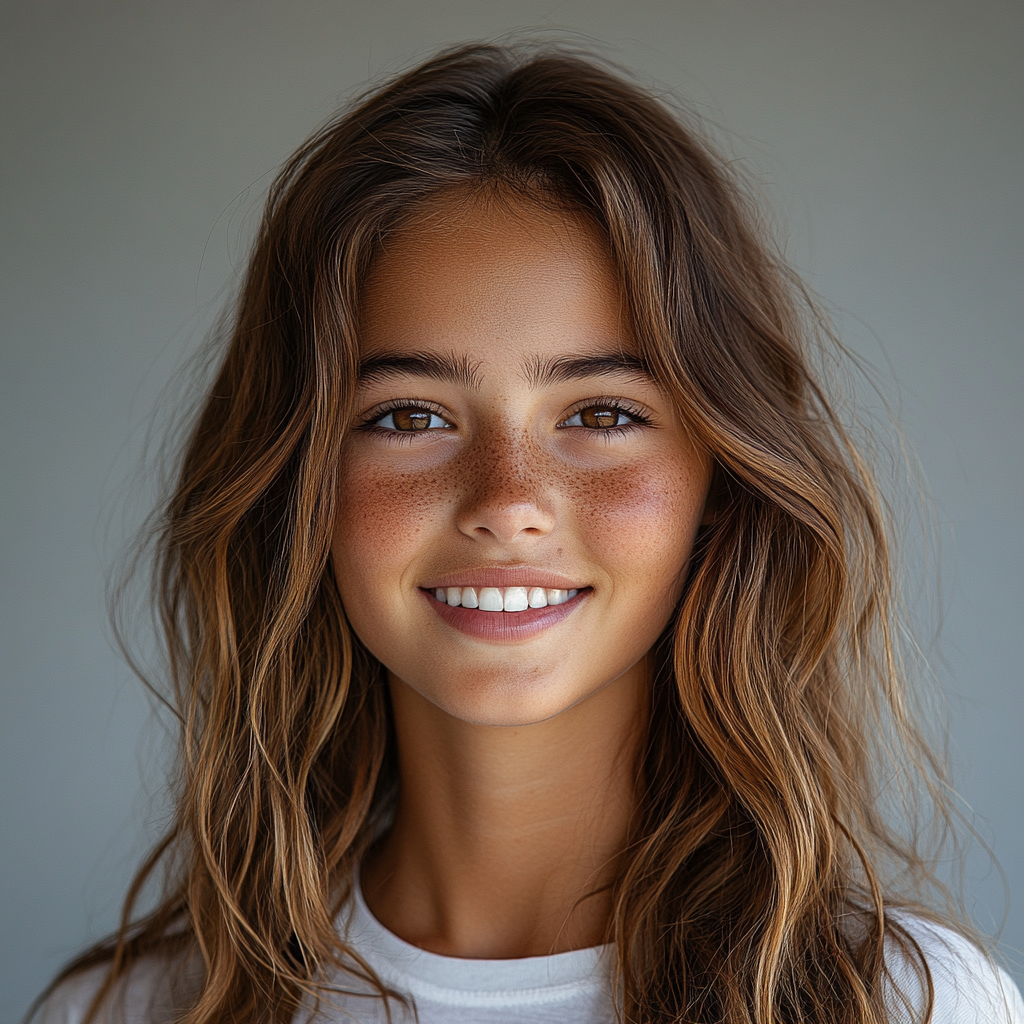 A Teenage Girl Smiling on Surfboard in Studio