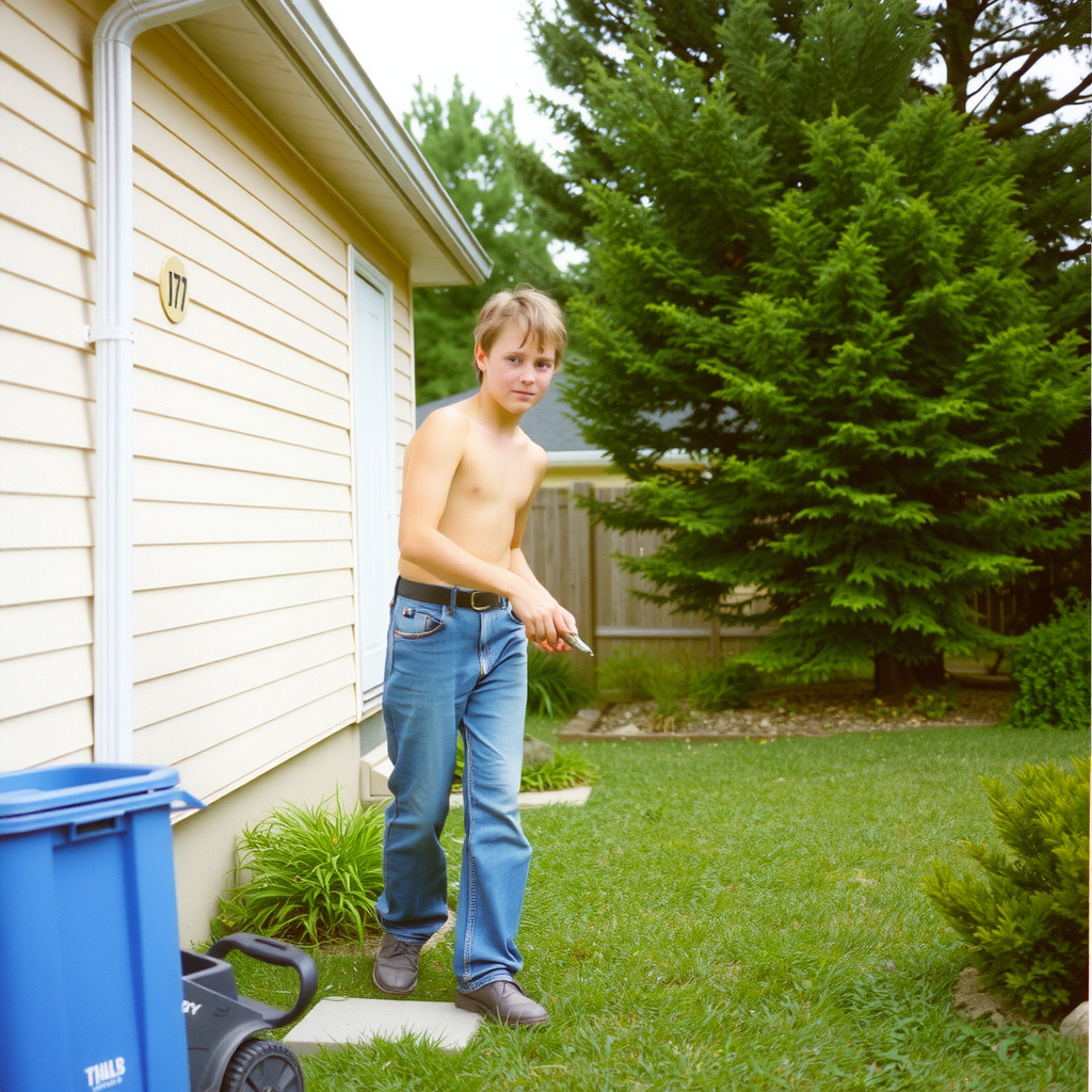 A Teenager Working in Summer Yard, 1980s Suburb