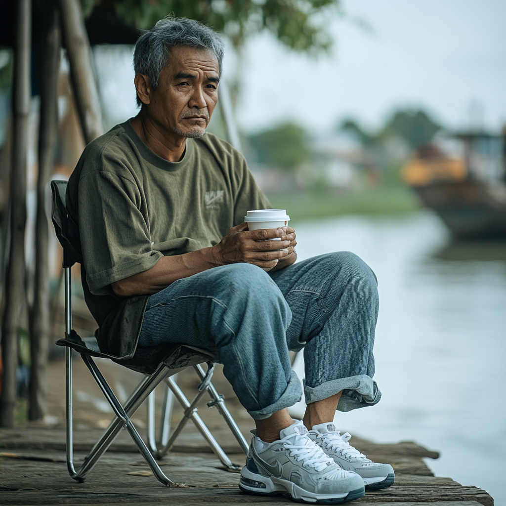 A Thai man sitting on chair fishing calmly.