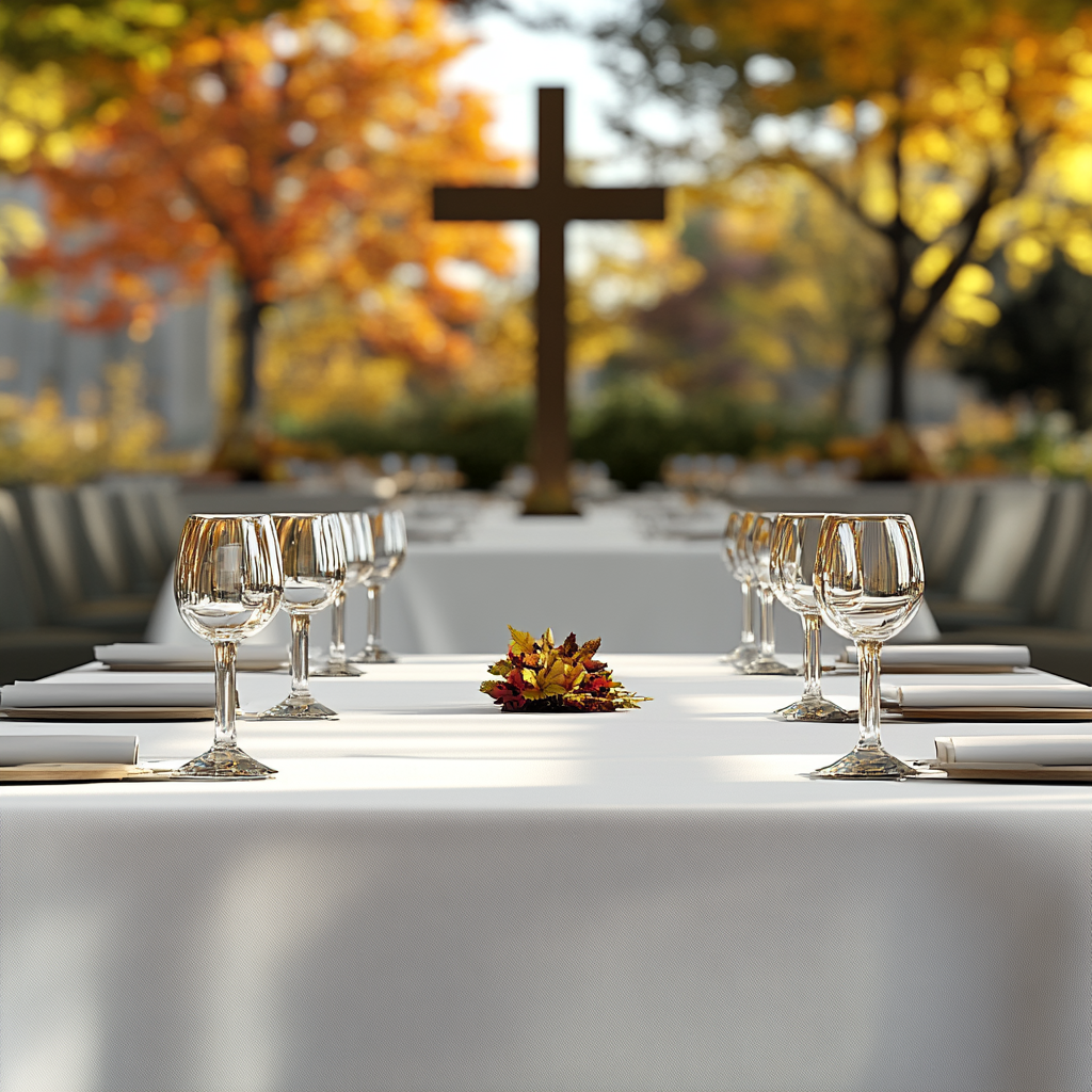 A Thanksgiving table setting with a beautiful cross