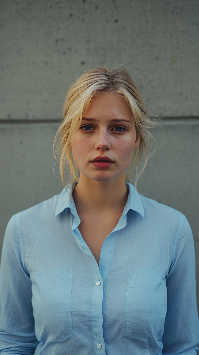 A Thoughtful Woman Walking Outdoors in Blue