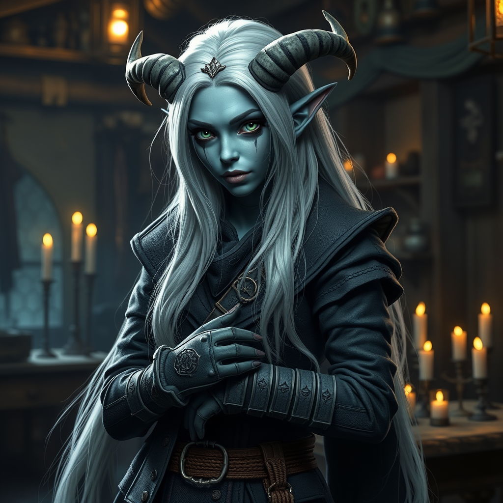 A Tiefling Artificer in Her Candlelit Workshop