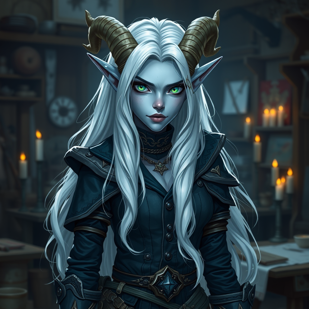 A Tiefling Artificer in Her Candlelit Workshop