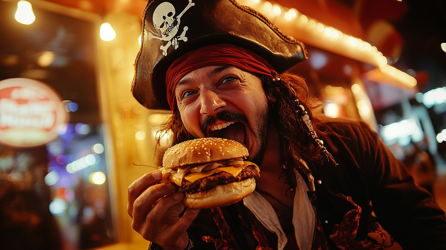 A Tired Drunk Pirate Enjoying a Late-Night Burger