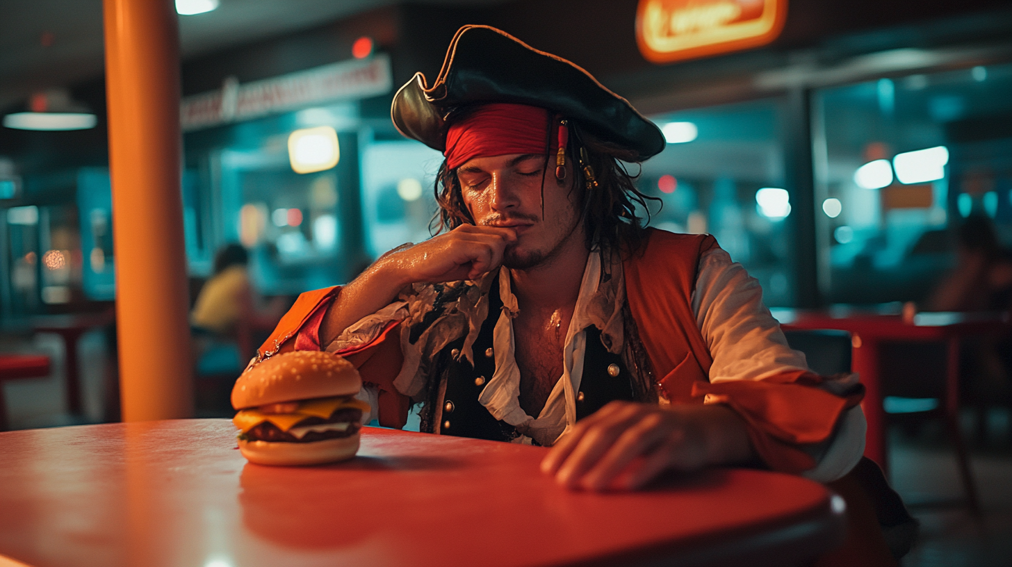 A Tired Pirate Enjoying Fast-Food at Midnight