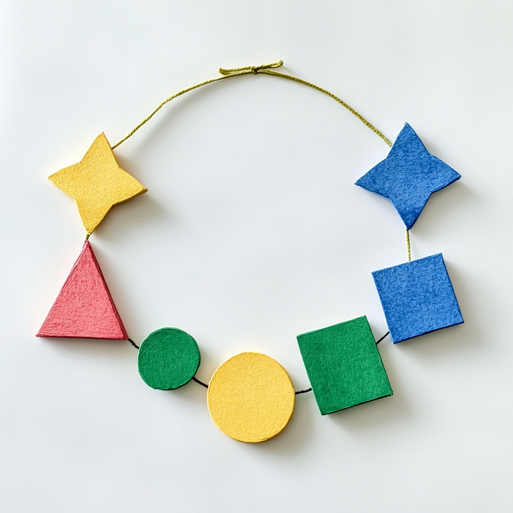 A Toddler's Colorful Shapes Necklace on White Background