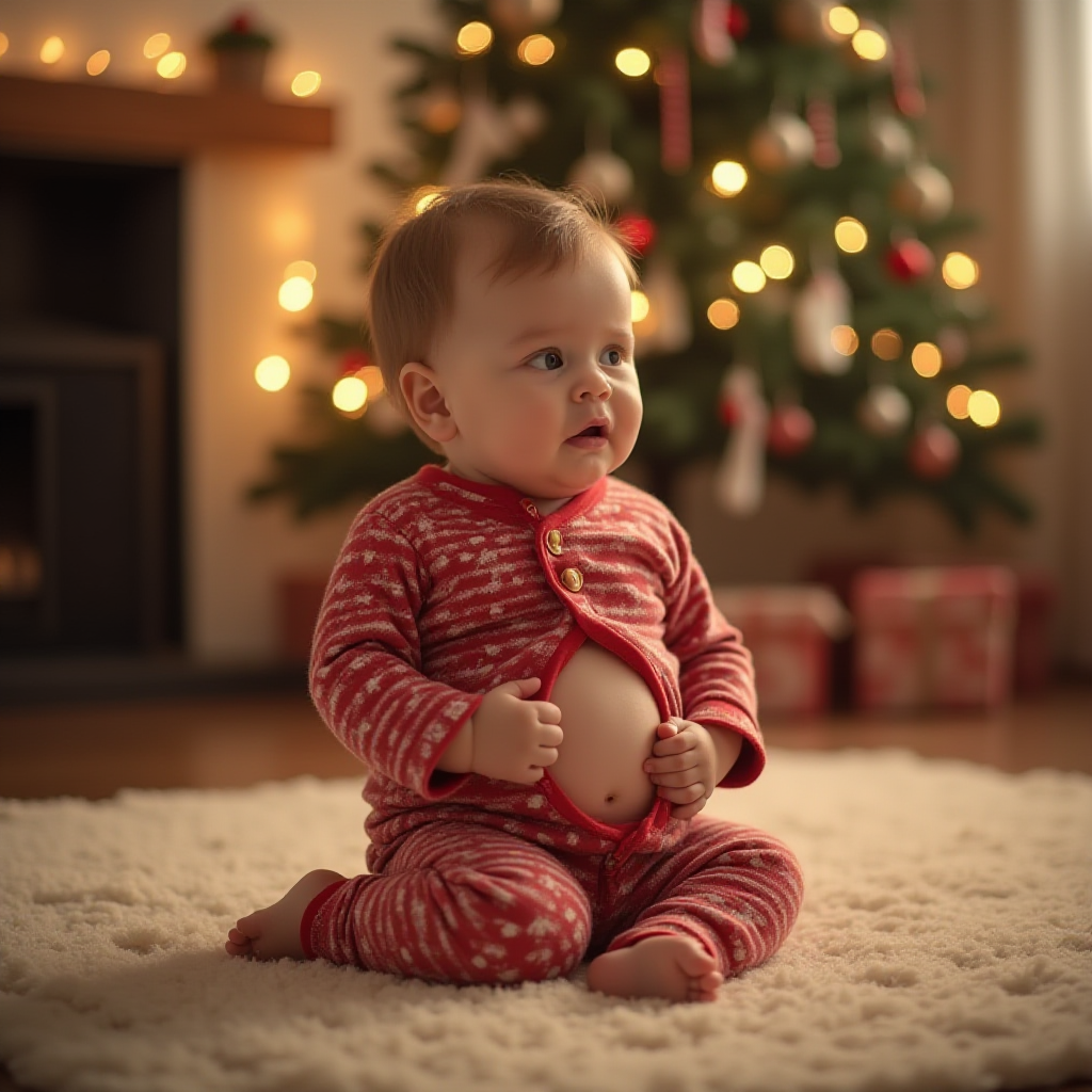 A Toddler Boy's Big Christmas Belly in Pajamas