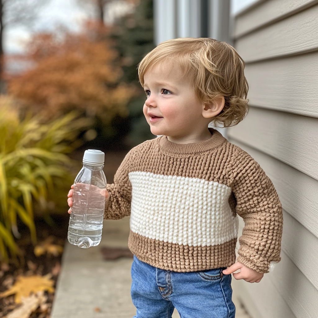 A Toddler Boy in Brown Sweater on Porch