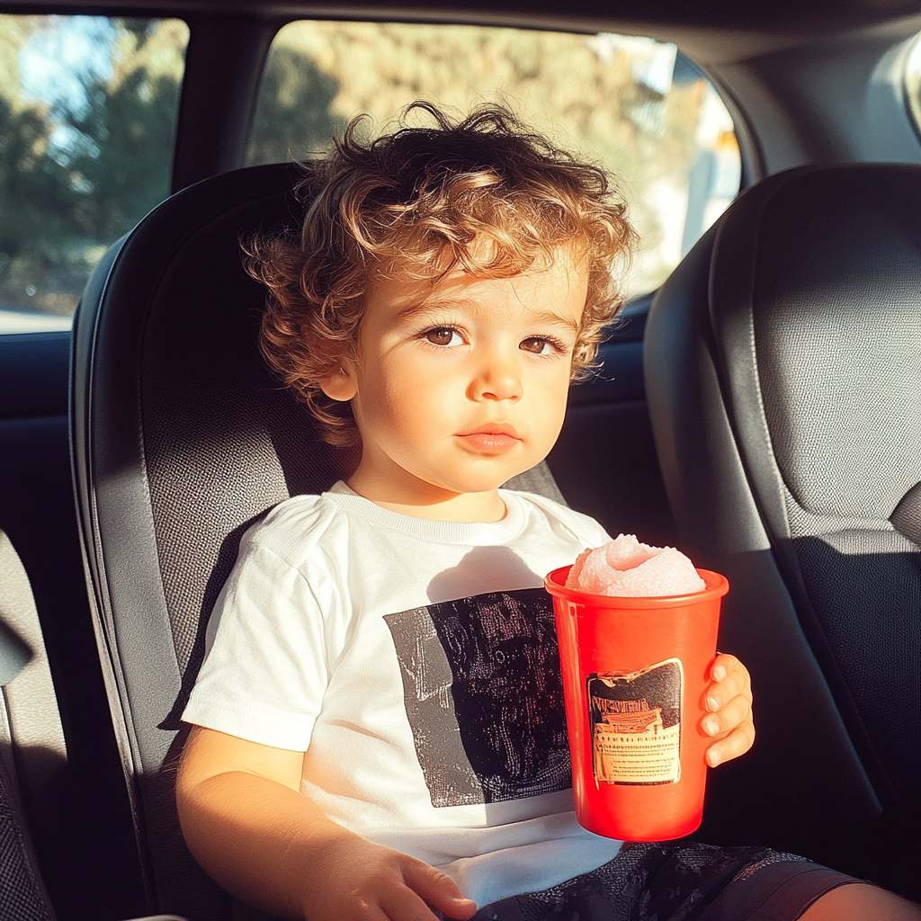 A Toddler Boy with Red Slushie in Car.