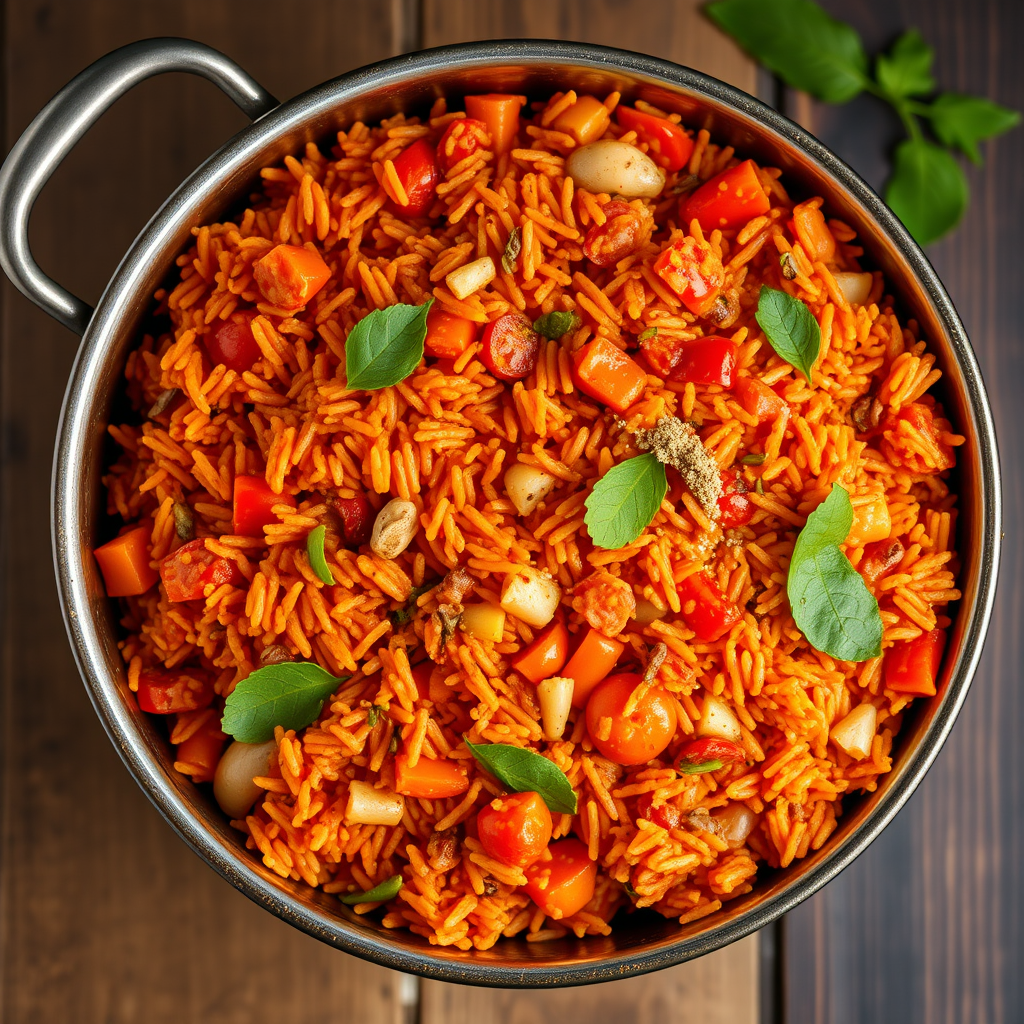 A Top View of Cooked Jollof Rice Dish