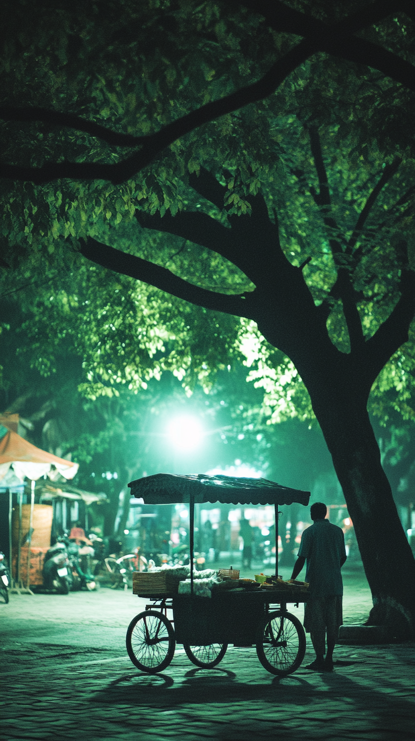 A Traditional Indonesian Seller Under Tree at Night