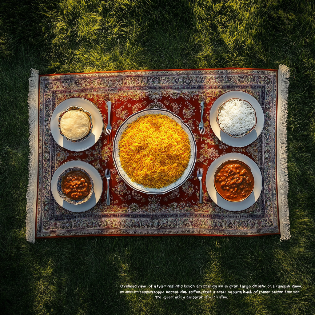 A Traditional Iranian Lunch Table on Green Lawn